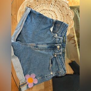 Embroidered Denim Cutoff Shorts - Blue with Purple Flower